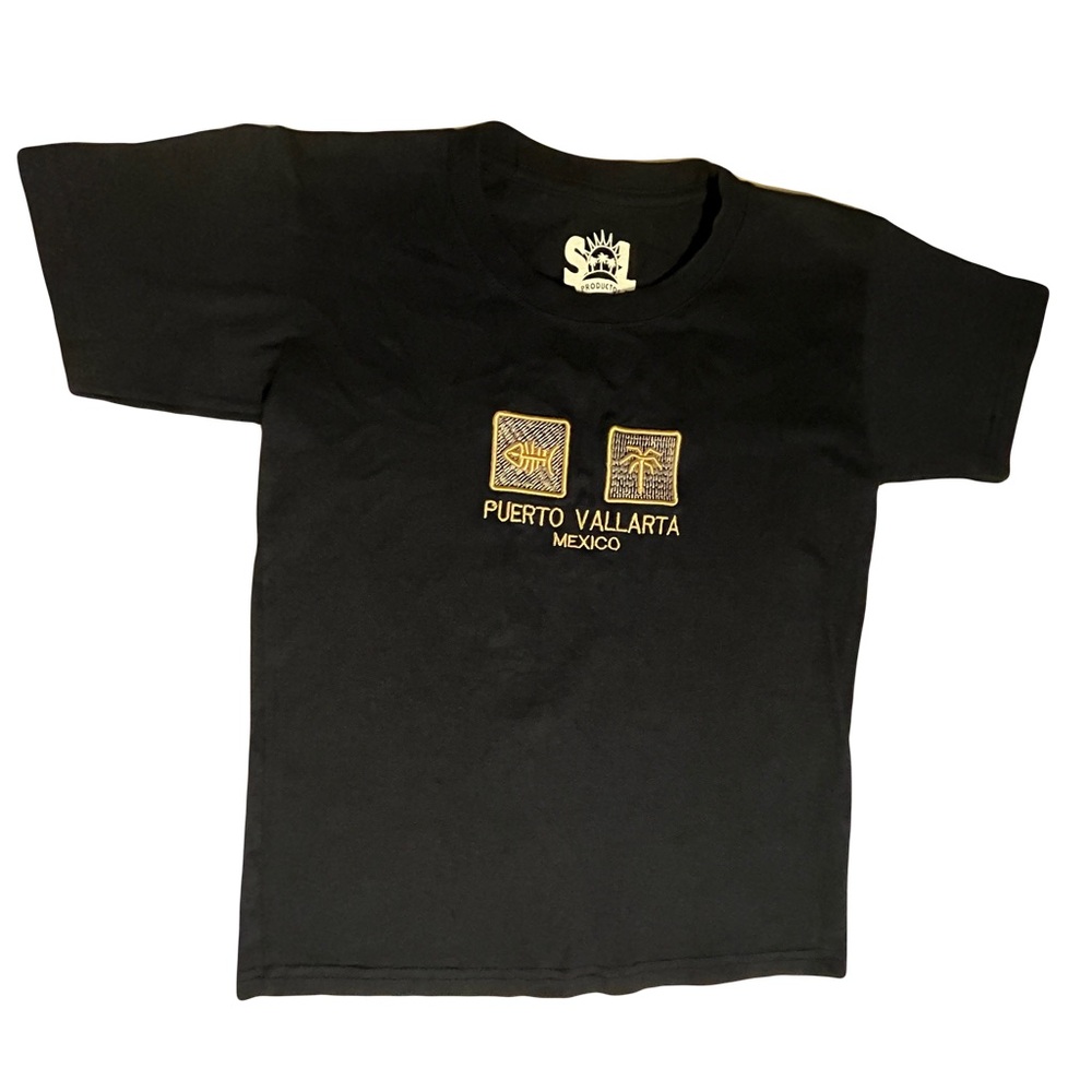 Children’s Navy Blue Tee With Gold Embroidered Puerto Vallarta Mexico Size 6-8